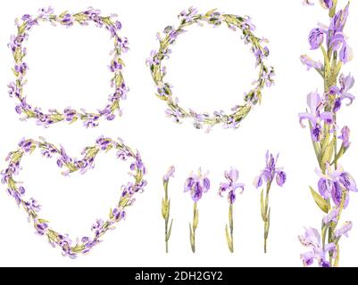 Vector romantic set with irises. Colorful illustration - frames, hearts, seamless border isolated on white. Excellent print for greeting cards Stock Vector