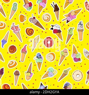 Summer seamless pattern with icecreams, buns and donuts. Vector illustration, hand drawn elements. Stock Vector