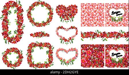 Vector romantic set. Colorful illustration - frames, hearts, seamless borders isolated on white. Stock Vector