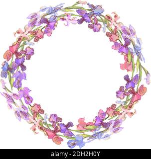 Round season wreath with irises isolated on white. For design gift boxes, announcements, postcards, posters, invitations Stock Vector