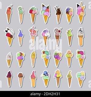 Ice cream sticker set. Vector illustration. Excellent print for greeting cards, clothes, fabric, gift box. Stock Vector
