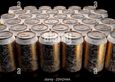 Group of frozen gold aluminum energy drink cans from above closeup full frame Stock Photo