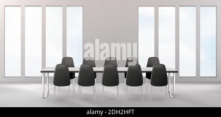 Boardroom with furniture, empty conference room with long desk and chairs around for business meetings, training and presentation, company office interior with windows and table 3d vector illustration Stock Vector