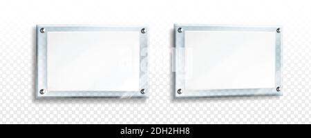 White poster in glass or acrylic frame with steel bolts in front and perspective view. Vector realistic mockup of 3d plexiglass clear board with blank sheet isolated on transparent background Stock Vector