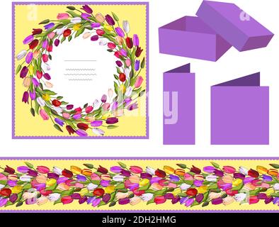 Flower wreath and seamless pattern with tulips. Round frame and border for design of invitations, cards, gift boxes. Stock Vector