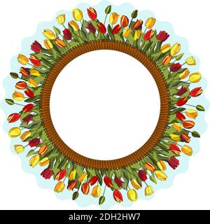 Flower wreath with tulips isolated on white. Round frame for design of invitations, cards, gift boxes. Stock Vector