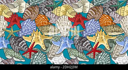 Seamless pattern with seashells. Excellent print for greeting cards, clothes, fabric, gift box. Stock Vector