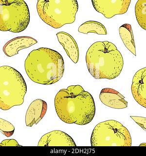 Seamless pattern whith apples and apple slices isolate on white background. Stock Vector