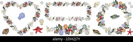 A set of seashell elements. Different kinds of frames and seamless edging isolated on white background for your design. Stock Vector