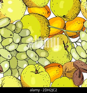 Seamless fruit background with apricots, apples, grapes and nuts. Stock Vector