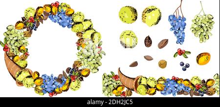 Set of autumn elements for thanksgiving. Round frame and seamless border of cornucopia with grapes, apples, nuts, fruit. Isolated fruit on white. Stock Vector
