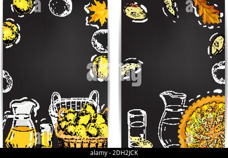 Templates with apples, apple slices, apple pies, apple juice jug, basket of harvest on the chalkboard. Hand drawn food illustration. Stock Vector