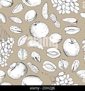 Seamless fruit background with apricots, apples, grapes and nuts. Stock Vector