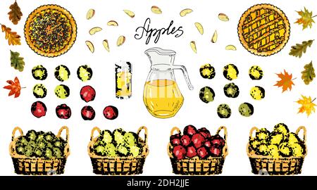 Set of apples, apple slices, apple pies, apple juice jug, basket of harvest, glass on a white background. Hand drawn food illustration. Stock Vector