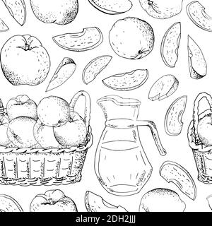 Seamless pattern with apples, apple slices, apple pies, apple juice jug, basket of harvest black on a white background. Hand drawn food illustration. Stock Vector