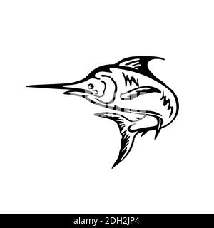 Blue Marlin Fish Jumping Up Black and White Retro Stock Photo