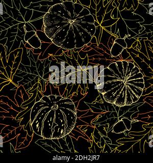 Autumn seamless pattern with pumpkin outlines on black background. Endless texture for your design. Stock Vector