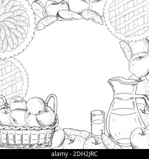 Square template with apples, apple slices, apple pies, apple juice jug, basket of harvest black on a white background. Hand drawn food illustration. Stock Vector