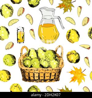 Seamless pattern of apples, apple slices, apple juice jug, basket of harvest , glass isolate on a white background. Hand drawn food illustration. Stock Vector