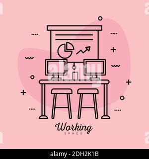 work place coworking with statistics and desktops line style vector illustration design Stock Vector
