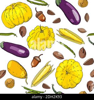 Seamless pattern with different fresh vegetables isolate on white. Endless texture for your design. Stock Vector