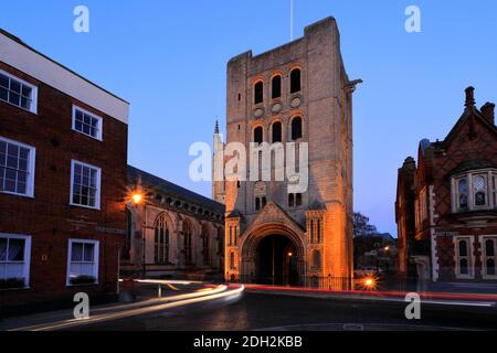 Traffic trails at night, the Norman Tower, St Edmundsbury Cathedral, Bury St Edmunds City, Suffolk County, England Stock Photo