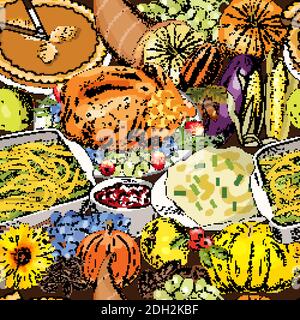 Thanksgiving autumn seamless pattern with traditional dishes and symbols. Stock Vector