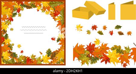 Square autumn pattern and seamless border whith leaves isolated on white. Autumn elements for design, gift boxes, greeting cards, invitations, posters Stock Vector