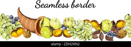 Autumn thanksgiving seamless border isolated on white. Fruit brush with apples, apricots, grapes, berries and nuts. Stock Vector