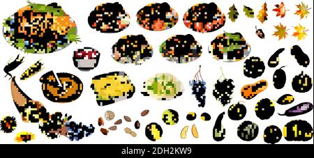 Set of objects and symbols on the Happy Thanksgiving Day - Turkey, pumpkin pie, mashed potatoes, green beans, casserole, leaves, fruit, nuts, pumpkins Stock Vector