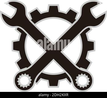 gear and wrench mechanic service icon logo flat vector concept design Stock Vector