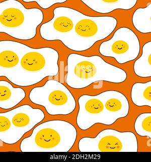 Colorful Funny Omelettes with many diferent Cute Smiling Happy Cartoon Faces Seamless Pattern, flat style, isolated on orange. Stock Vector