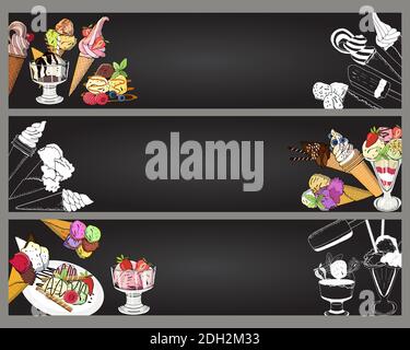 Ice cream horizontal banners set, vector illustration Stock Vector