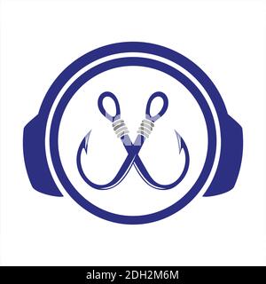 headphone fishing music icon logo vector flat concept design Stock Vector