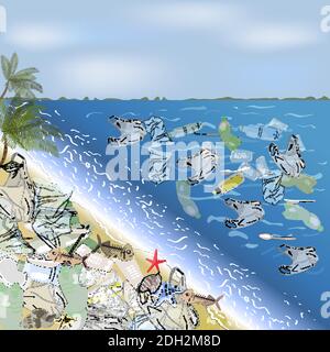 Environmental disaster of plastic debris in the ocean. Garbage in the sea and on the coast against the sky as a backdrop. The concept of ecology and t Stock Vector