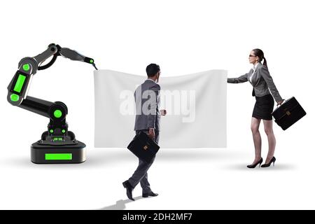 Business people and blank poster supported by robotic arms Stock Photo