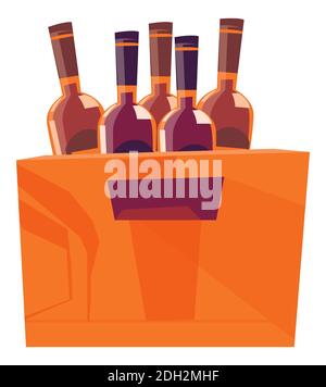 Wooden box for bottles with alcoholic beverages, packaging for storage and delivery of drinks cartoon vector illustration Stock Vector