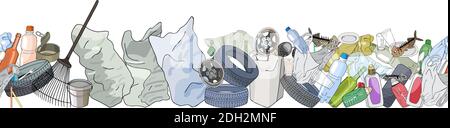Different kinds of garbage. Seamless pattern brush. The concept of ecology and World Cleanup Day. Stock Vector