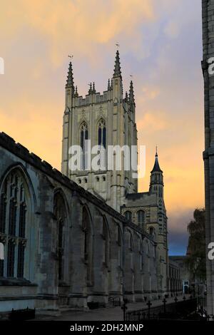 Dusk colours over St Edmundsbury Cathedral, Bury St Edmunds City, Suffolk County, England Stock Photo