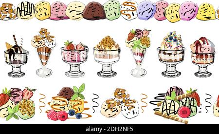 Set of seamless ice cream borders. Colorful ice cream balls with berries and nuts. Stock Vector