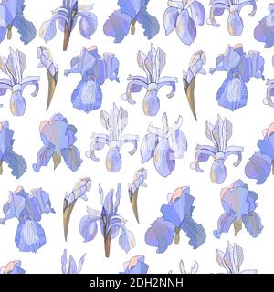 Romantic floral seamless pattern with violet irises. Stock Vector