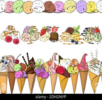 Seamless horizontal patterns with various icecream. Vector illustration, hand drawn elements. Excellent print for greeting cards, clothes, bed linens Stock Vector