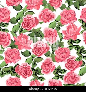 Flowers seamless pattern isolated on white background. Hand drawn illustration of roses. Floral design composition Stock Vector