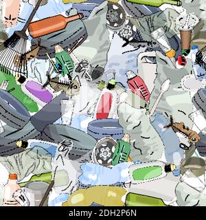 Seamless pattern with different kinds of plastic garbage. The concept of ecology and World Cleanup Day. Stock Vector