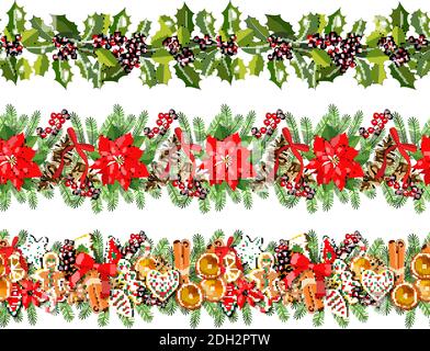 Set of vector seamless patterns with traditional Christmas and New Year symbols. Endless horizontal pattern brush. Hand draw texture for your festive Stock Vector