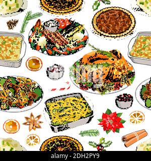 Traditional Christmas and New Year seamless pattern with holiday food. Xmas repeating texture, endless background. Vector illustration. Stock Vector