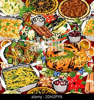 Traditional Christmas and New Year seamless pattern with holiday food. Xmas repeating texture, endless background. Vector illustration. Stock Vector