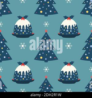 Christmas Pudding Decorative vector flat color seamless pattern Stock Vector