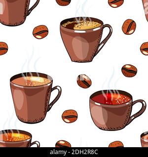 Seamless background with coffee beans, and cups of coffee and tea. Vector hand drawn illustration. Stock Vector