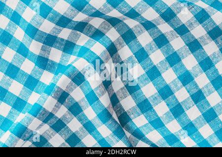 Wrinkled Natural Linen Plaid Fabric Abstract Background Texture, Blue And White Colors Stock Photo